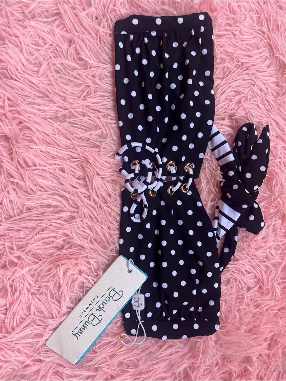 Beach Bunny Black & White Polka Dot Lace-Up Bandeau Bikini Top